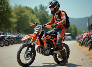 Choisir une moto cross 150 cm³ : les critères essentiels Jeune homme en équipement motocross examine un vélo 150cc