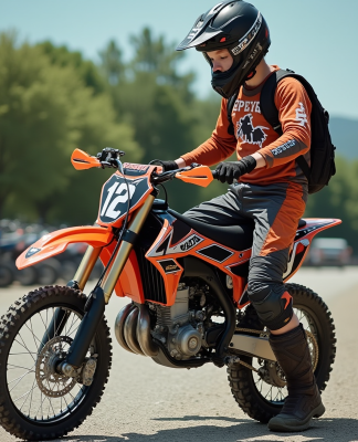 Jeune homme en équipement motocross examine un vélo 150cc