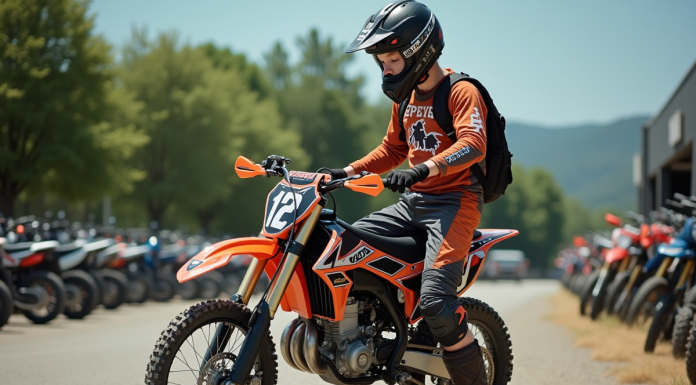 Jeune homme en équipement motocross examine un vélo 150cc