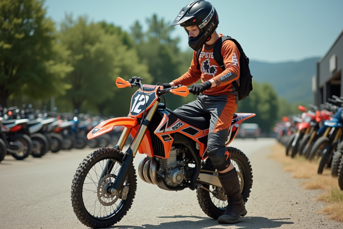 Jeune homme en équipement motocross examine un vélo 150cc
