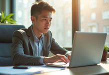 Jeune professionnel utilisant un ordinateur portable dans un bureau lumineux