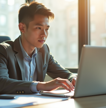 Jeune professionnel utilisant un ordinateur portable dans un bureau lumineux
