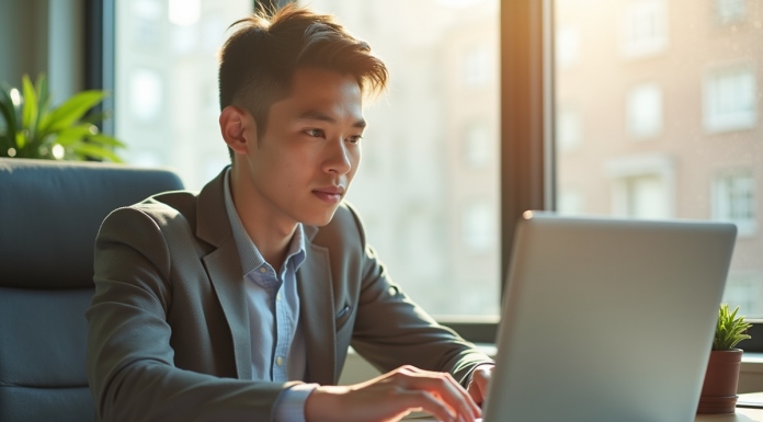 Jeune professionnel utilisant un ordinateur portable dans un bureau lumineux