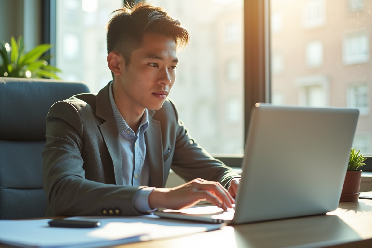Jeune professionnel utilisant un ordinateur portable dans un bureau lumineux