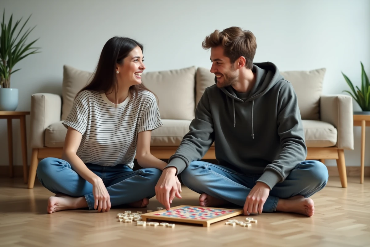 Deux jeunes adultes jouent au Scrabble assis par terre dans un appartement moderne, l'un pointant un mot surprenant en riant