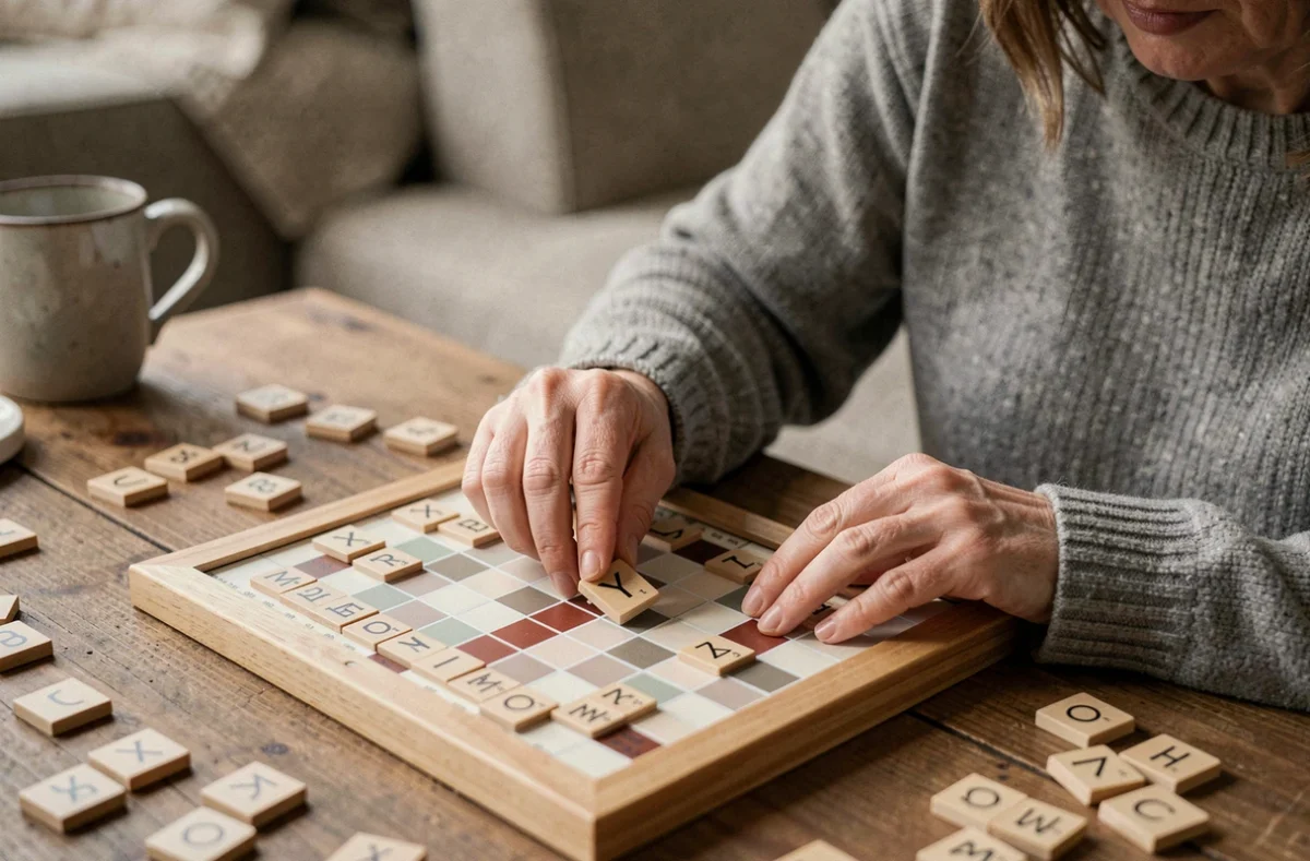 Femme posant une tuile Scrabble avec la lettre Y sur un plateau de jeu en bois, vue de dessus en ambiance intérieure chaleureuse