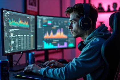 Joueur de League of Legends assis devant ses écrans affichant ses statistiques de temps de jeu sur un site de calcul