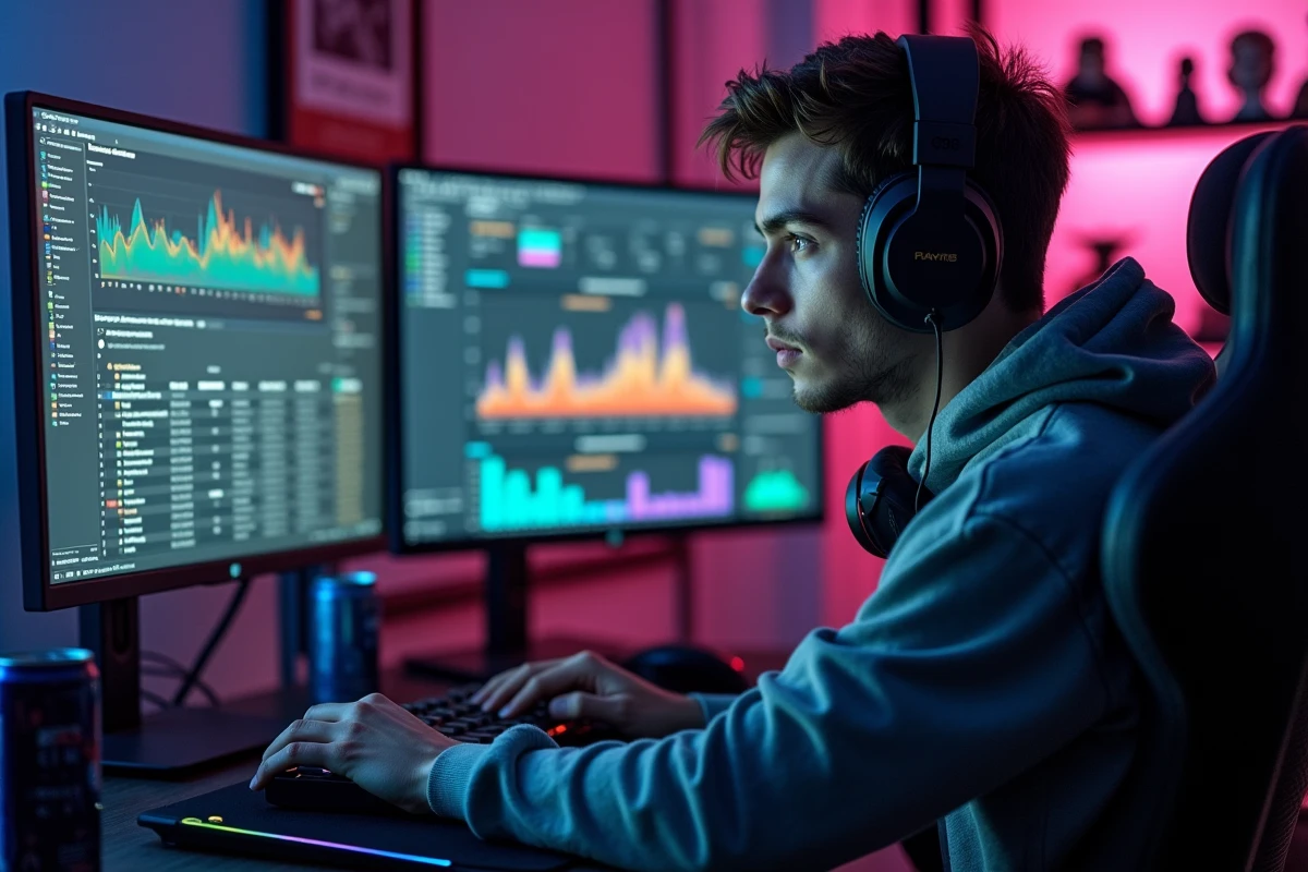 Joueur de League of Legends assis devant ses écrans affichant ses statistiques de temps de jeu sur un site de calcul