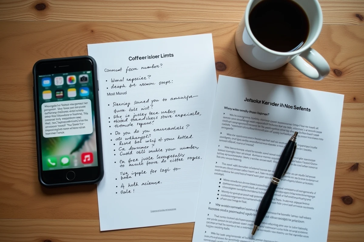 Vue aérienne d'un journal d'appels répétés sur smartphone et d'une lettre de plainte manuscrite sur un bureau