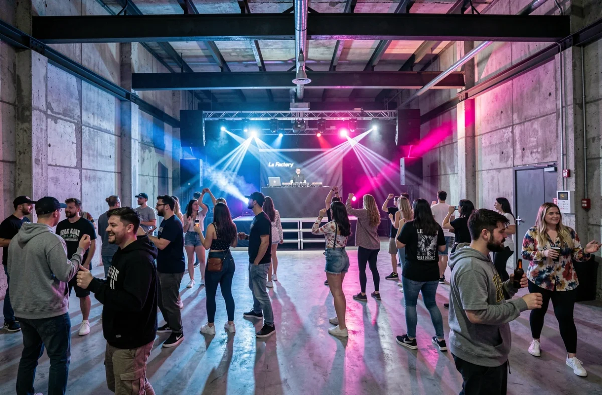 Piste de danse de La Factory Discothèque à Brest, club électro avec décor industriel et effets LED colorés