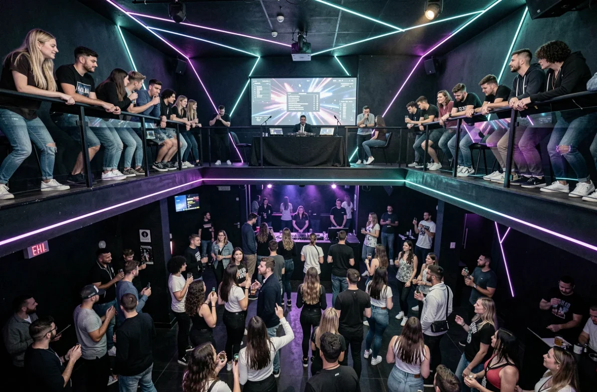 Vue sur deux niveaux du Duplex à Rennes, discothèque moderne avec mezzanine, DJ booth et foule branchée