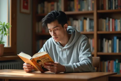 Jeune homme lisant un manga japonais dans une bibliothèque cosy remplie de volumes de bandes dessinées