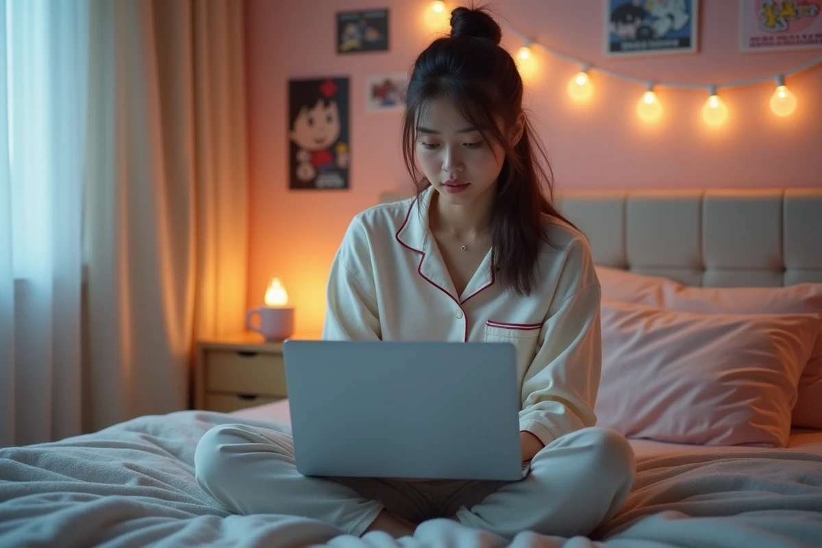 Jeune femme lisant des scans de manga traduits en français sur un ordinateur portable dans sa chambre décorée de posters