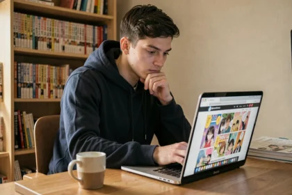 Jeune homme lisant un scan manga gratuit sur son ordinateur portable dans un bureau à domicile