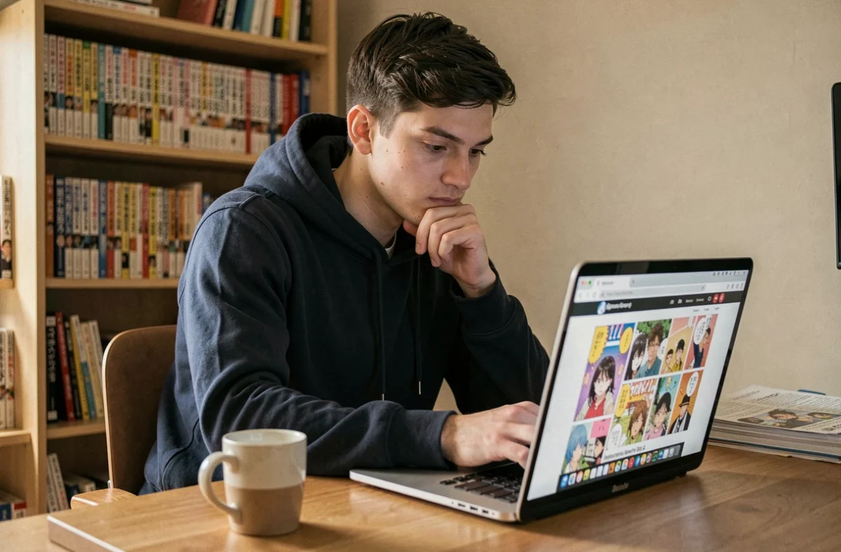 Jeune homme lisant un scan manga gratuit sur son ordinateur portable dans un bureau à domicile