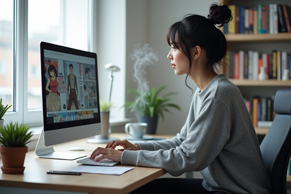 Femme lisant le scan One Piece 1155 en ligne sur son ordinateur dans un bureau moderne