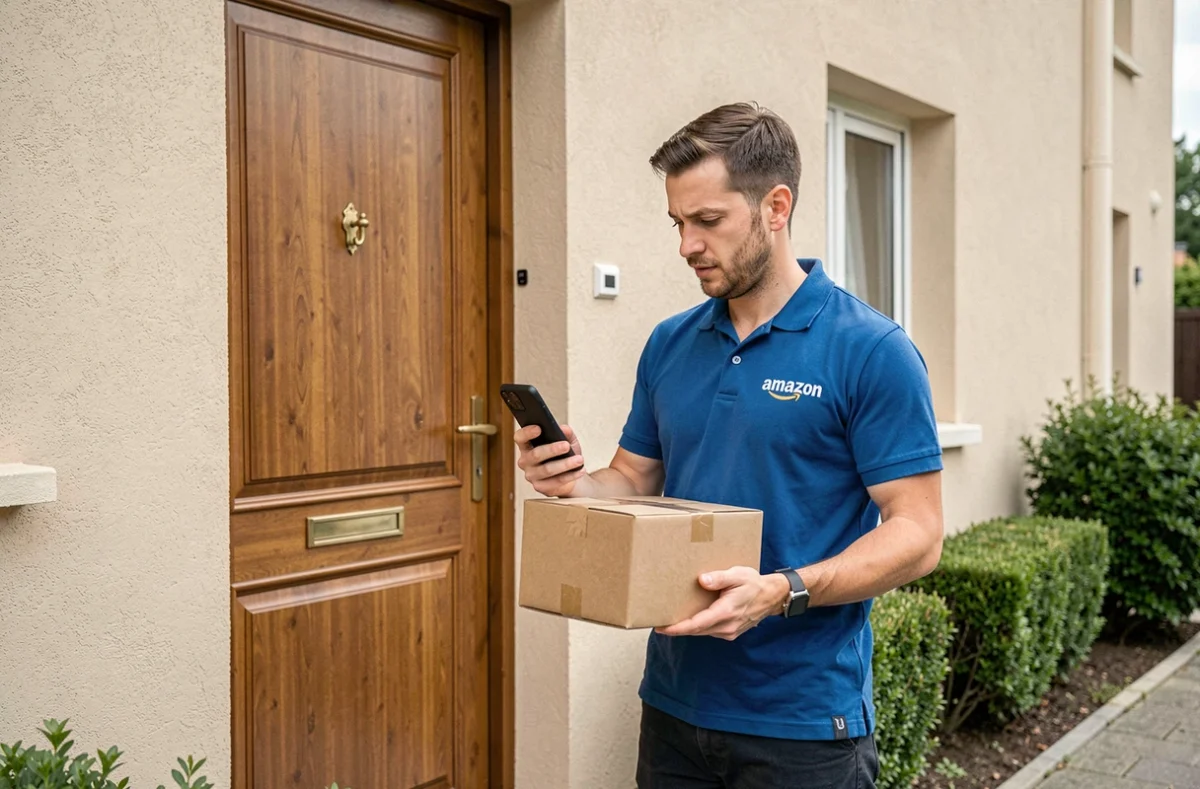 Livreur Amazon en uniforme vérifiant un numéro de téléphone devant la porte d'une maison lors d'une livraison