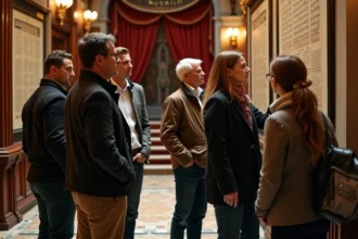 Groupe de personnes dans le lobby du théâtre Mogador