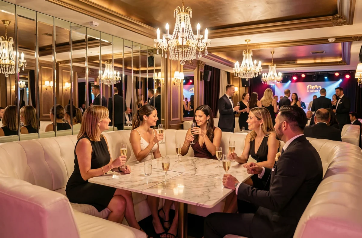 Espace VIP luxueux du Luxury Club près de Vannes, avec banquettes en cuir blanc et lustres en cristal