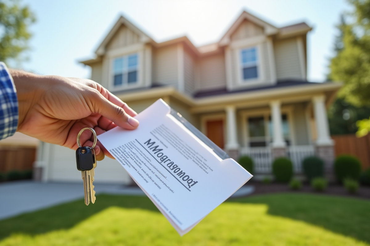 Main tenant des clés de maison et contrat de prêt immobilier en extérieur