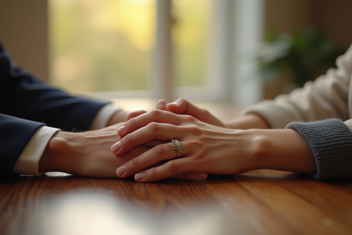 Mains entrelacees avec bagues de mariage sur une table en bois