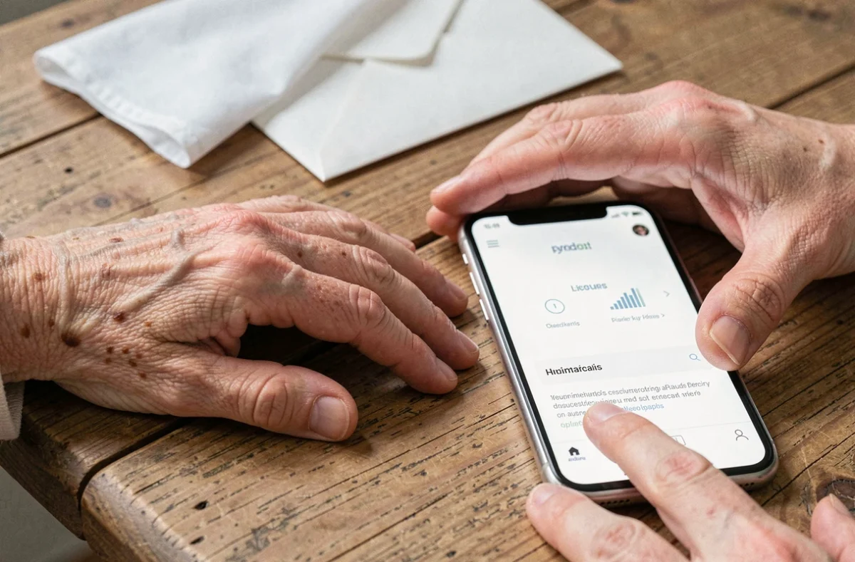 Gros plan de mains bienveillantes près d'un smartphone affichant une interface de centralisation des avis de décès et condoléances en ligne
