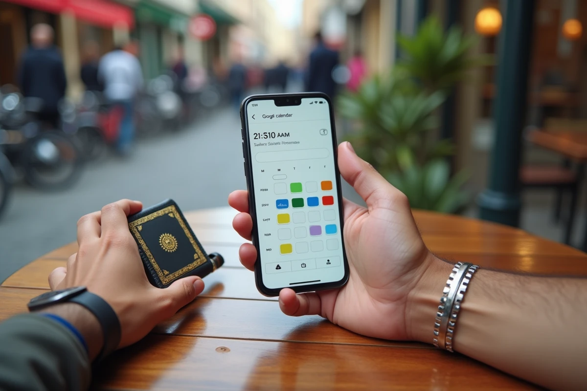 Mains tenant un smartphone avec les heures de prière sur Google Calendar dans un café d'Annemasse
