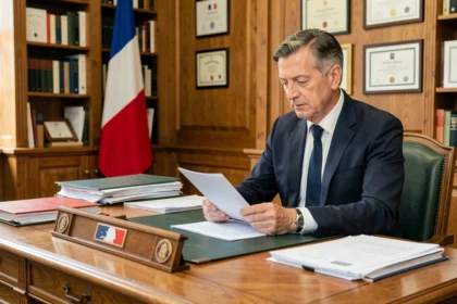 Maire assis à son bureau officiel de mairie en train de consulter des documents administratifs