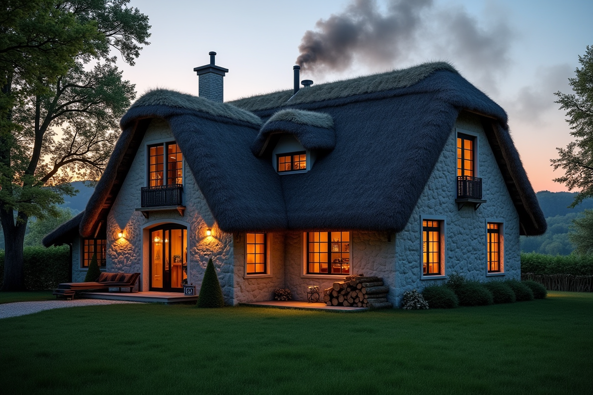 Maison de campagne normande au crépuscule avec cheminée fumante