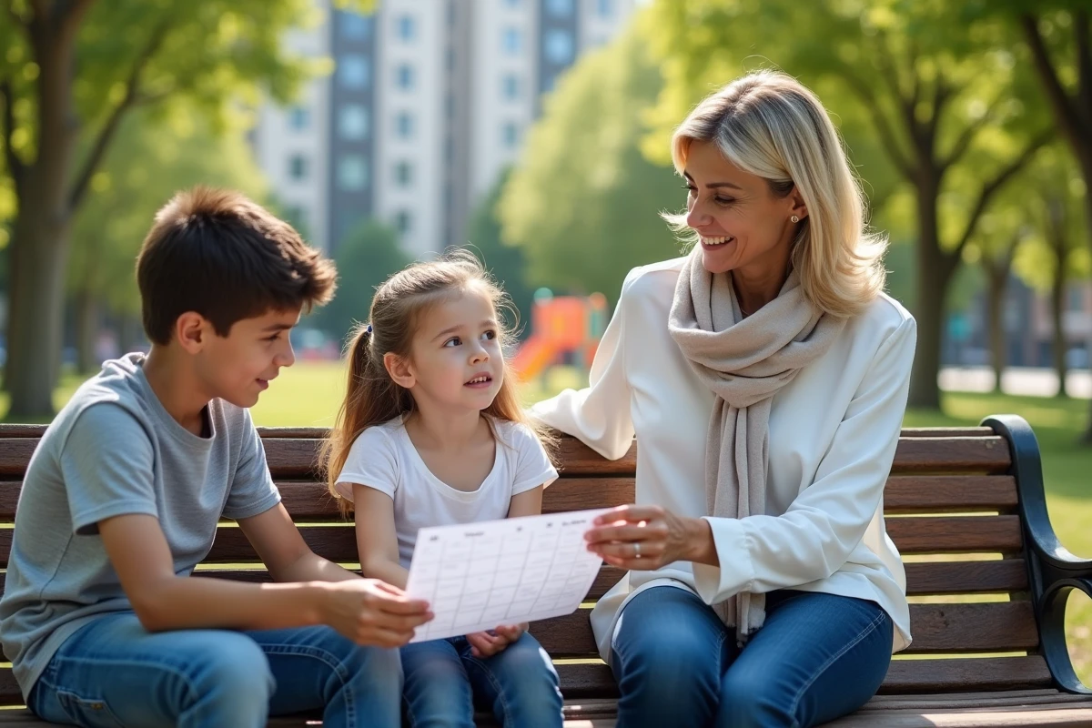 Mère discutant avec ses enfants dans un parc urbain ensoleille