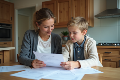 Maman et son enfant examinent un formulaire scolaire à la maison