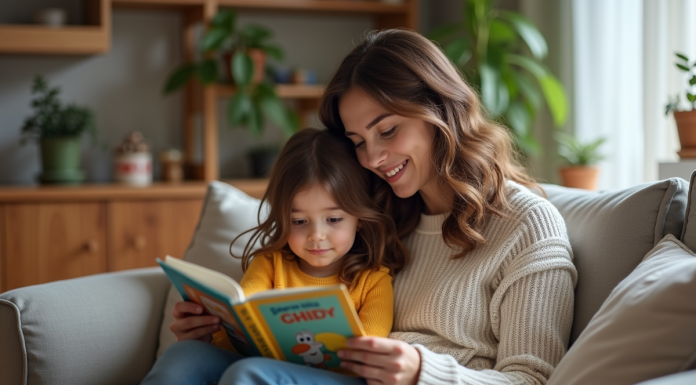 Femme lisant un livre coloré à sa fille dans un salon chaleureux