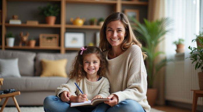 Femme et fille dessinant dans le salon chaleureux