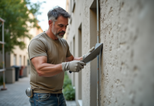 Maçon en train de lisser un enduit extérieur sur une façade