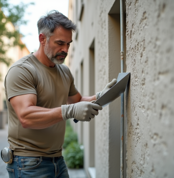 Les avantages du crépissage dans la rénovation de façade Maçon en train de lisser un enduit extérieur sur une façade