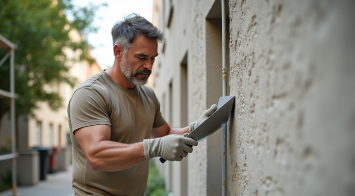 Maçon en train de lisser un enduit extérieur sur une façade