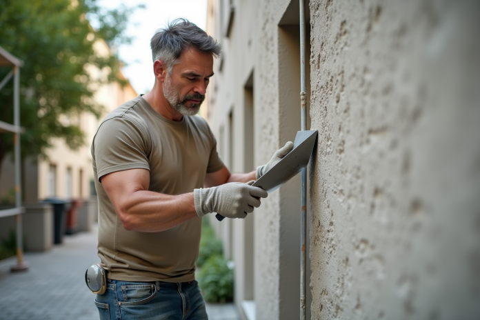 Maçon en train de lisser un enduit extérieur sur une façade