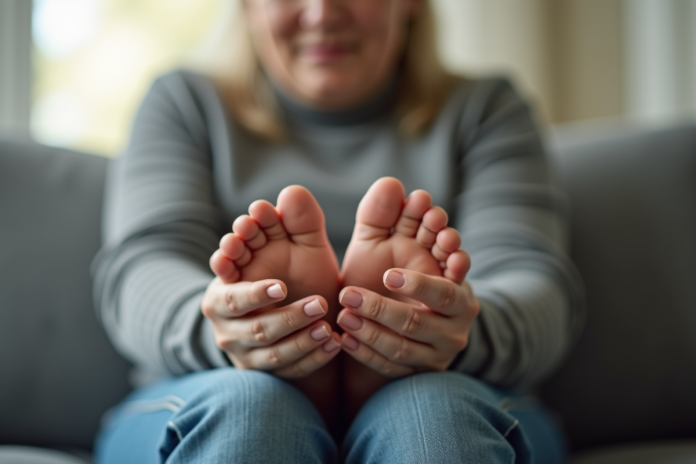 massage-pieds-salon Personne massant doucement ses pieds au salon