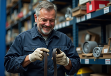 Mécanicien homme en uniforme examine des courroies auto dans un garage organisé
