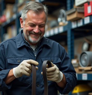 Comparatif des prix pour une courroie d’accessoires : où trouver le meilleur rapport qualité-prix ? Mécanicien homme en uniforme examine des courroies auto dans un garage organisé