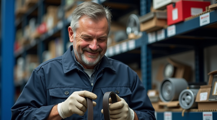 Mécanicien homme en uniforme examine des courroies auto dans un garage organisé