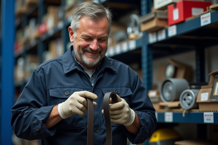 Mécanicien homme en uniforme examine des courroies auto dans un garage organisé