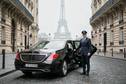 Chauffeur VTC en costume sombre debout près d'une berline noire sur un boulevard parisien avec la Tour Eiffel en arrière-plan