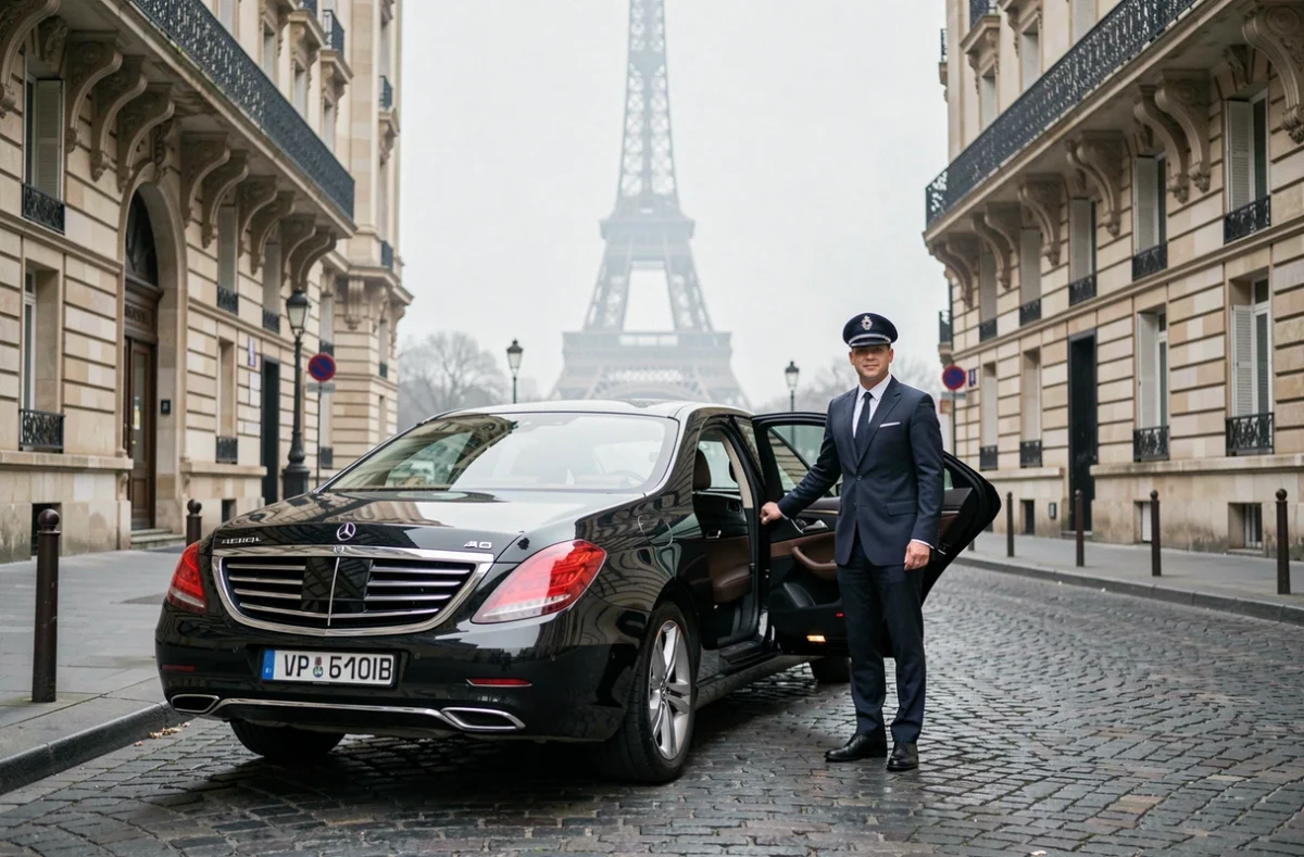 Chauffeur VTC en costume sombre debout près d'une berline noire sur un boulevard parisien avec la Tour Eiffel en arrière-plan