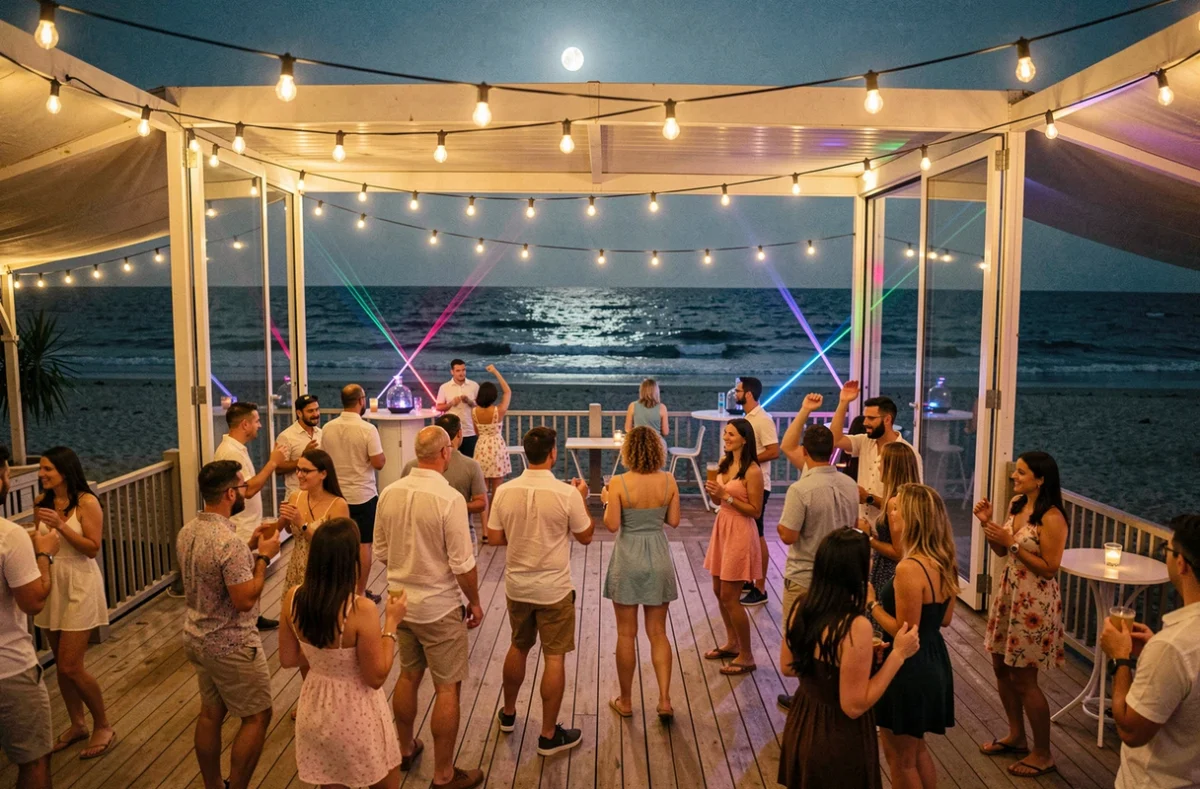 Terrasse du New Beach, club balnéaire en Côtes-d'Armor, avec vue sur la plage et ambiance estivale nocturne