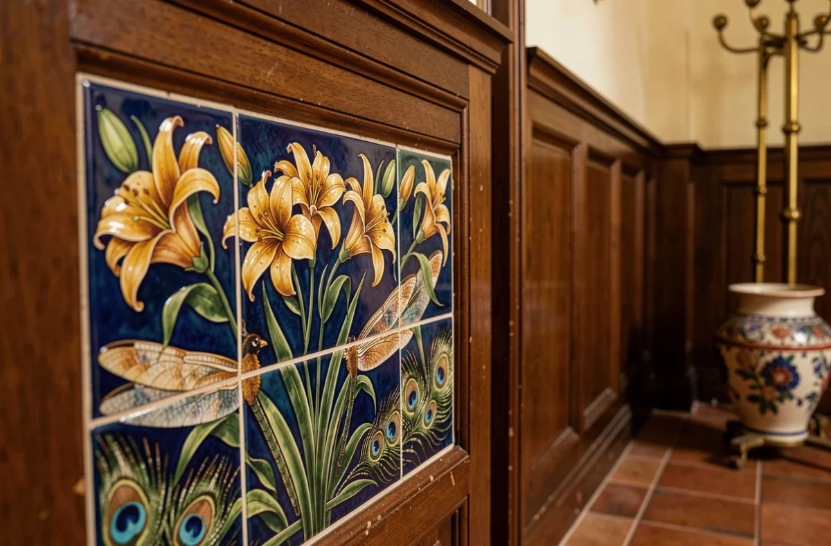 Panneau décoratif Art nouveau en carreaux peints à motifs botaniques dans un couloir de maison de ville restaurée