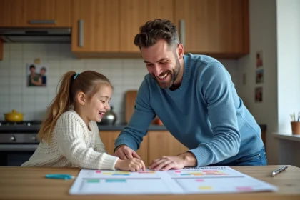 Père aidant sa fille à organiser un calendrier à la maison