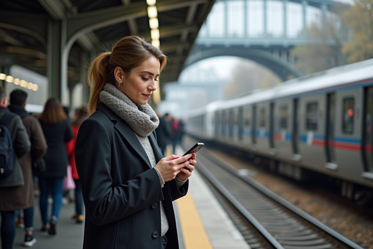 Jeune femme en attente sur un quai de métro urbain