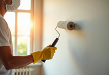 Personne peignant un mur lumineux avec un rouleau dans un intérieur moderne