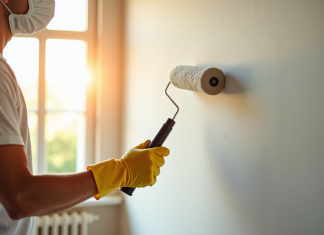 Santé : limiter les dangers de la peinture à la maison Personne peignant un mur lumineux avec un rouleau dans un intérieur moderne